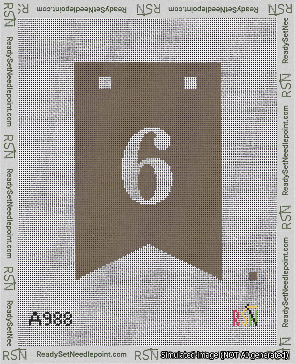 A taped needlepoint canvas with the design: Banner 18 mesh count Forked 6 White on Brown.