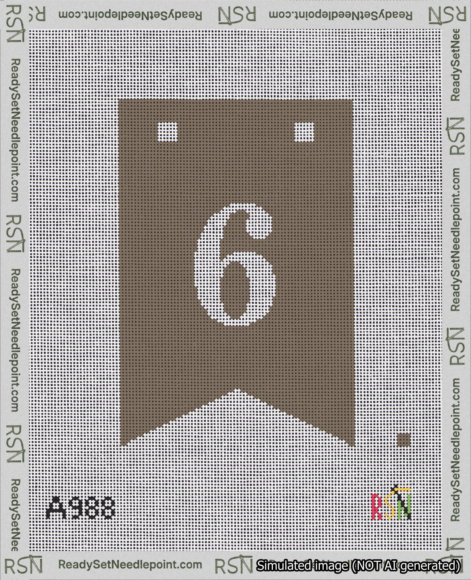 A taped needlepoint canvas with the design: Banner 18 mesh count Forked 6 White on Brown.