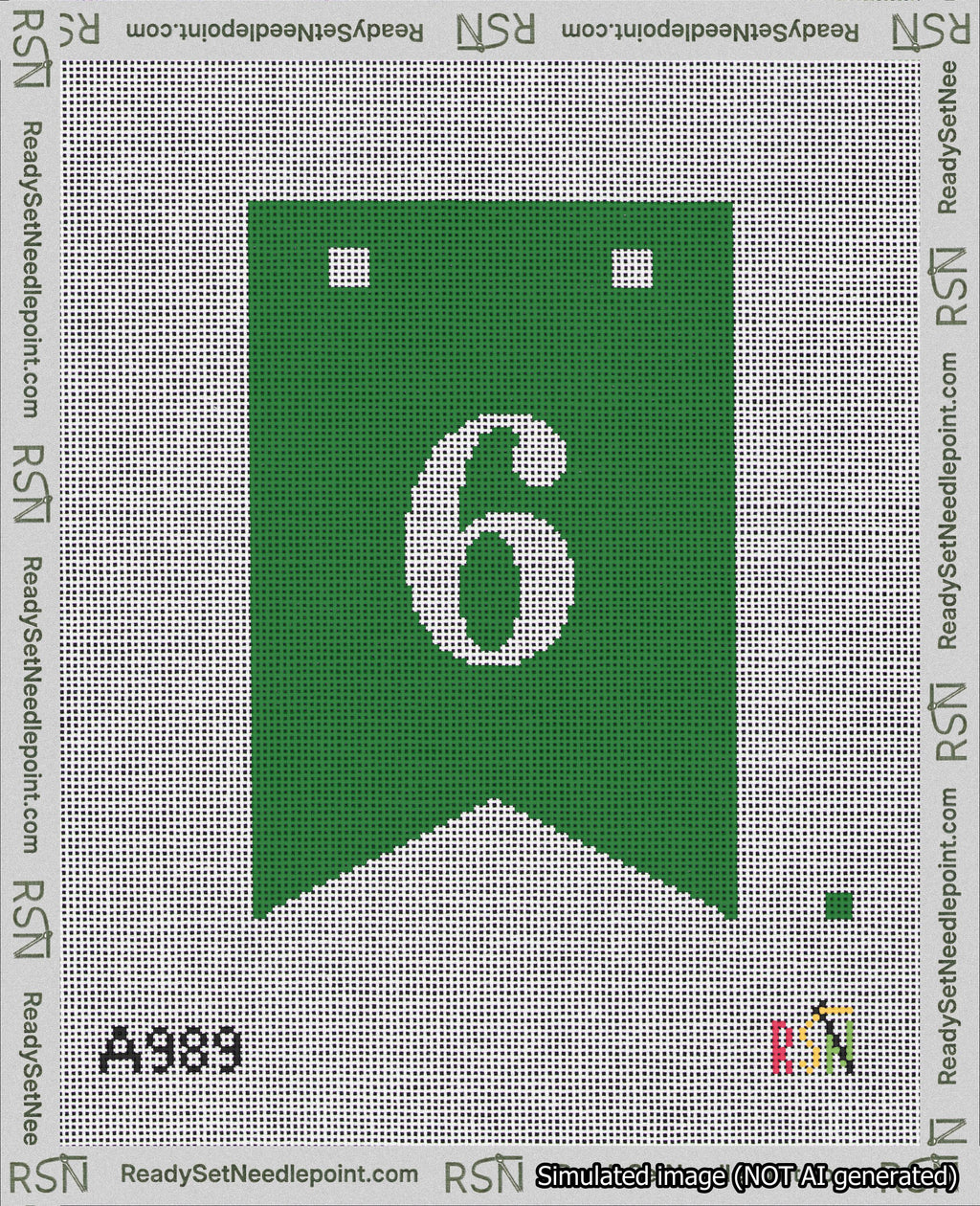 A taped needlepoint canvas with the design: Banner 18 mesh count Forked 6 White on Green.