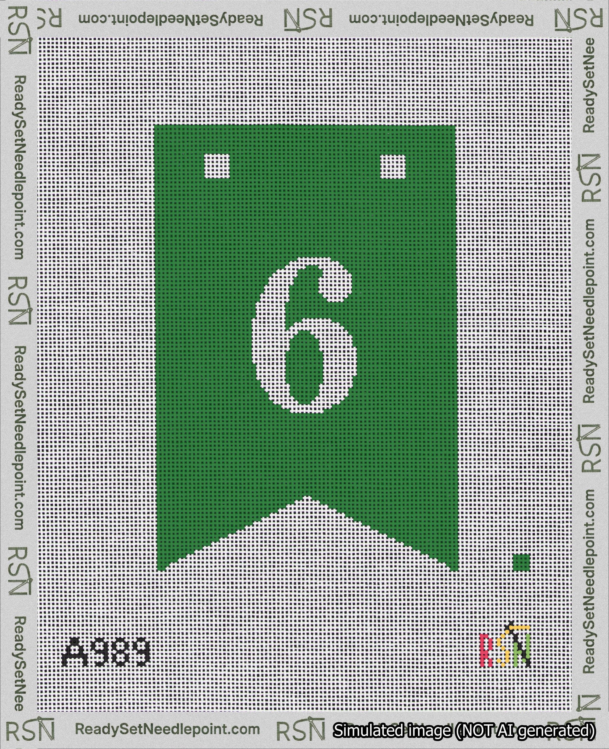 A taped needlepoint canvas with the design: Banner 18 mesh count Forked 6 White on Green.