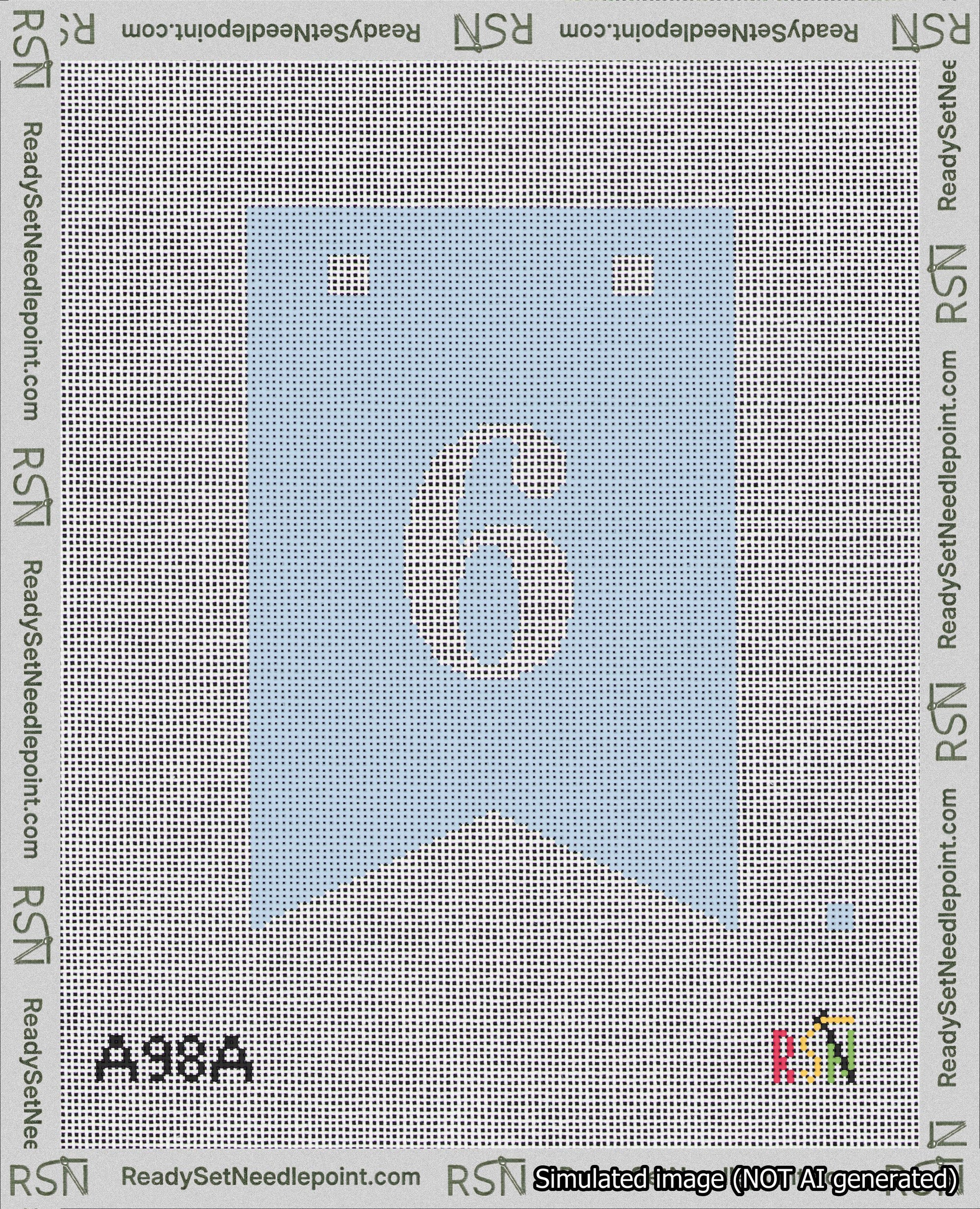 A taped needlepoint canvas with the design: Banner 18 mesh count Forked 6 White on Light Blue.