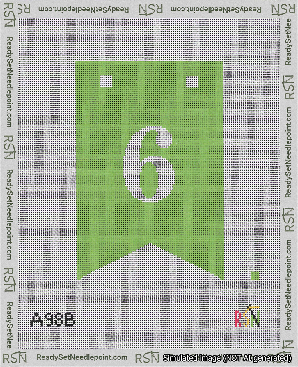 A taped needlepoint canvas with the design: Banner 18 mesh count Forked 6 White on Light Green.