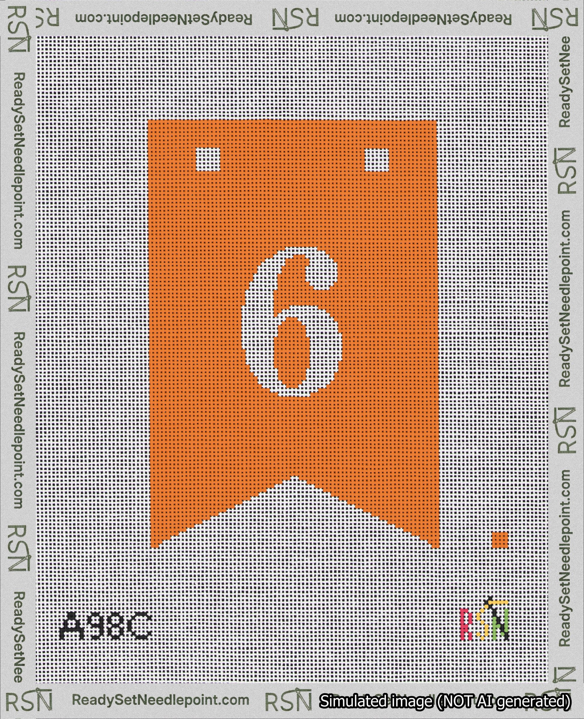 A taped needlepoint canvas with the design: Banner 18 mesh count Forked 6 White on Orange.