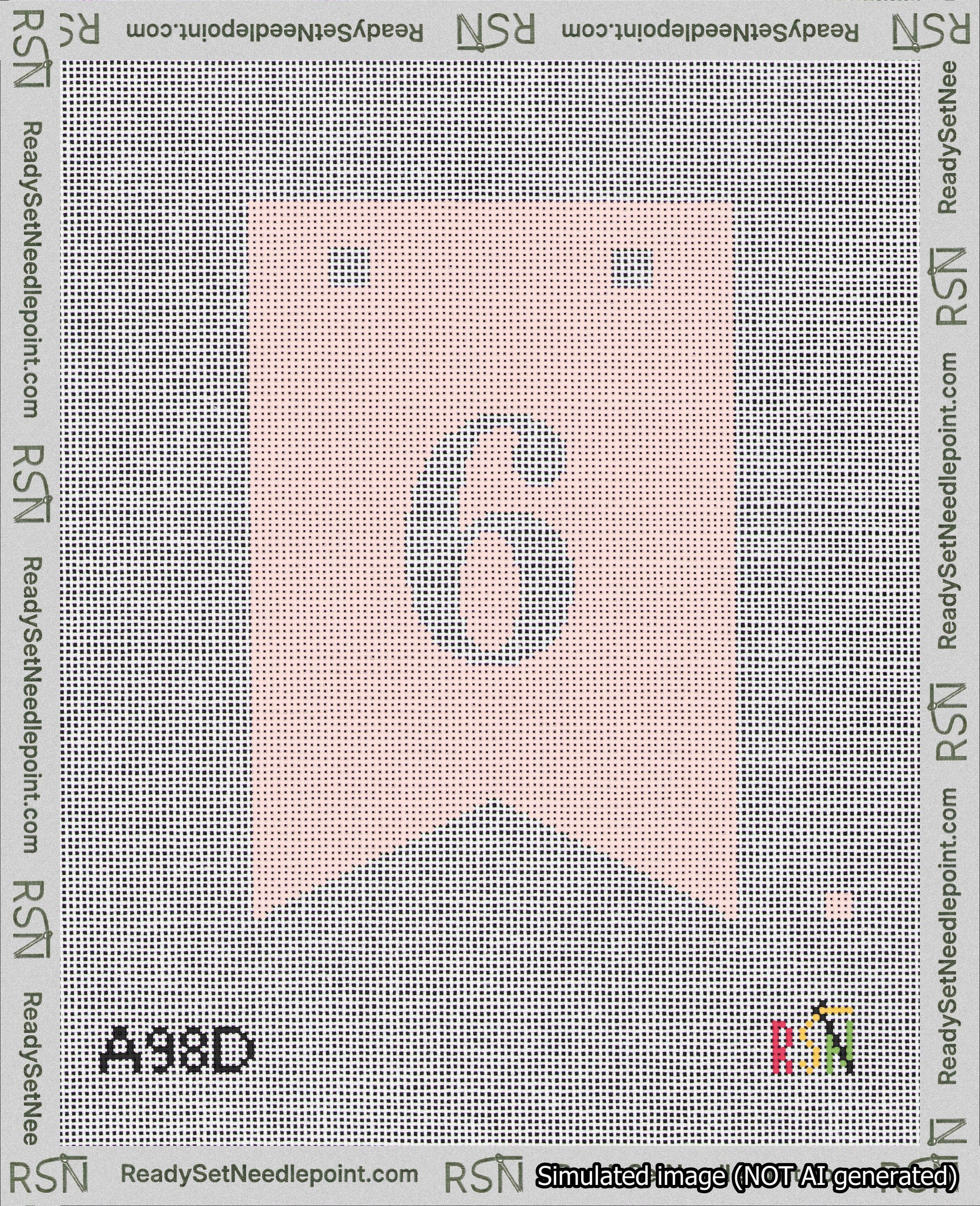 A taped needlepoint canvas with the design: Banner 18 mesh count Forked 6 White on Pink.