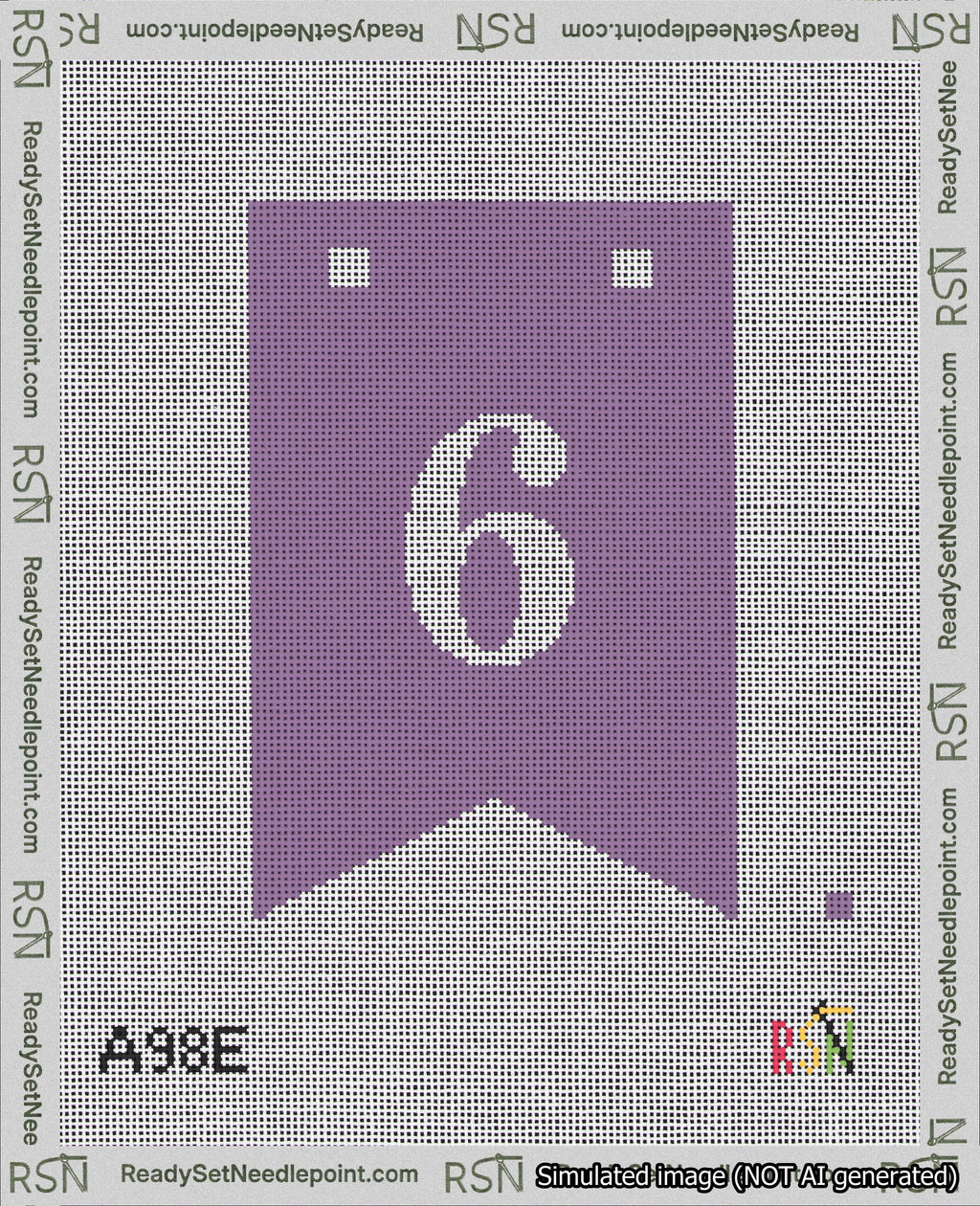 A taped needlepoint canvas with the design: Banner 18 mesh count Forked 6 White on Purple.