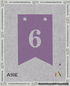 A taped needlepoint canvas with the design: Banner 18 mesh count Forked 6 White on Purple.