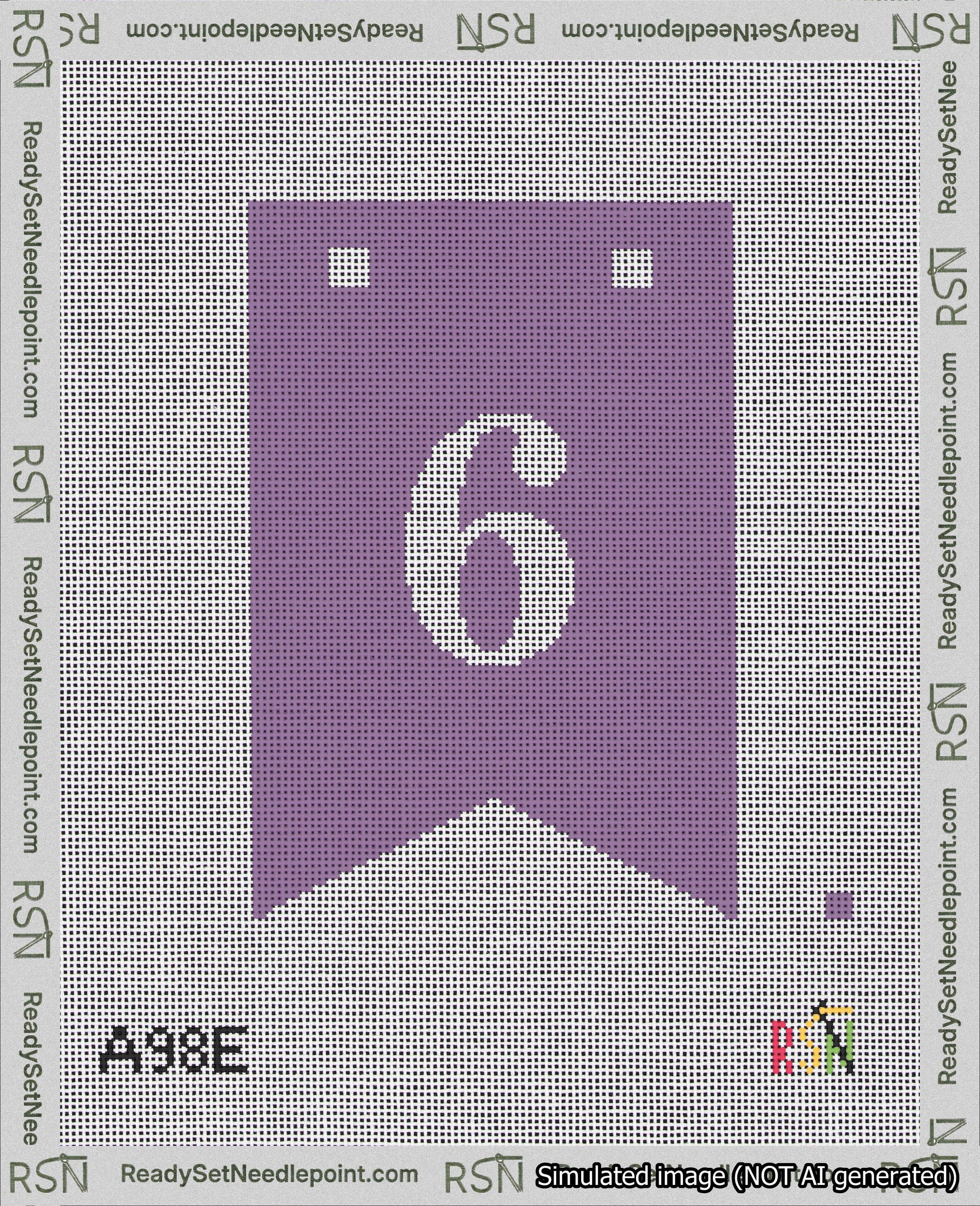A taped needlepoint canvas with the design: Banner 18 mesh count Forked 6 White on Purple.