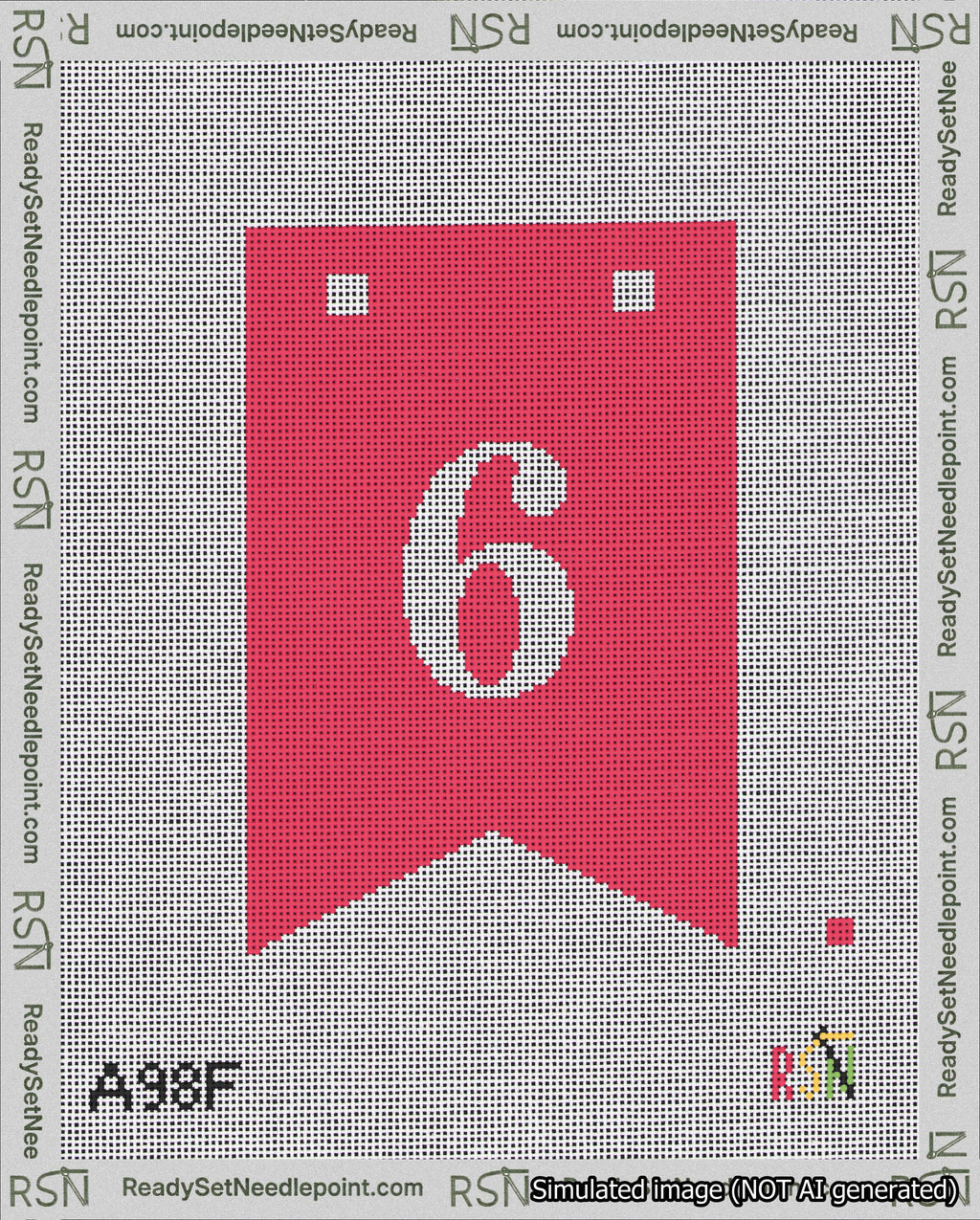 A taped needlepoint canvas with the design: Banner 18 mesh count Forked 6 White on Red.