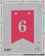 A taped needlepoint canvas with the design: Banner 18 mesh count Forked 6 White on Red.