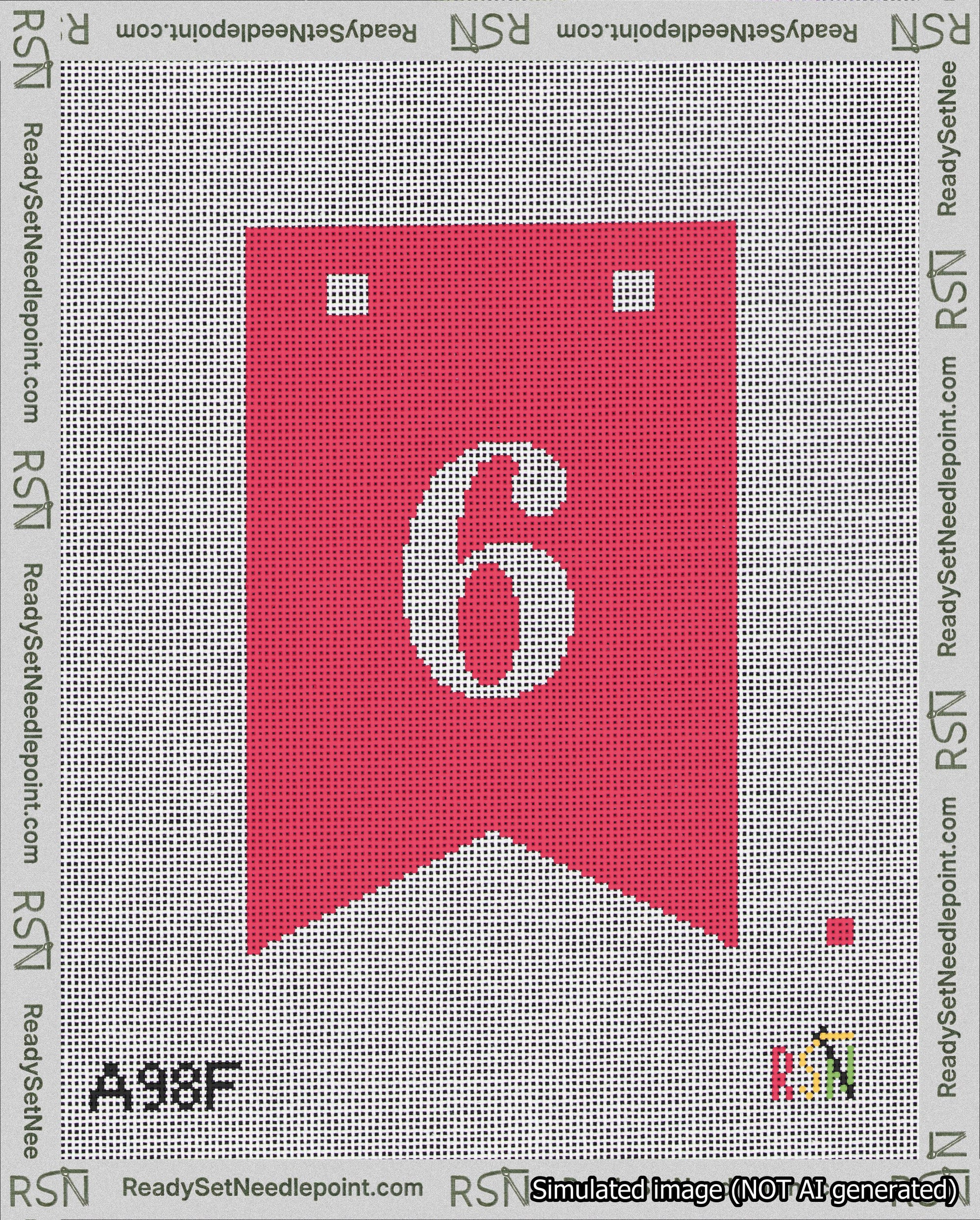 A taped needlepoint canvas with the design: Banner 18 mesh count Forked 6 White on Red.