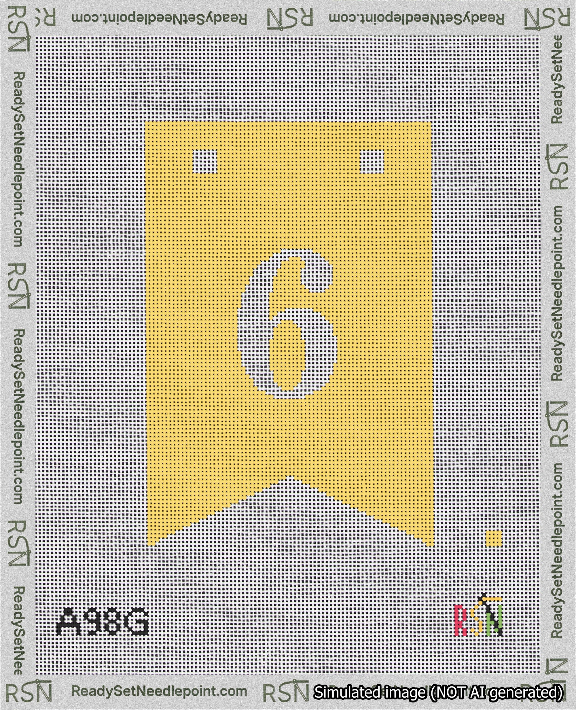 A taped needlepoint canvas with the design: Banner 18 mesh count Forked 6 White on Yellow.