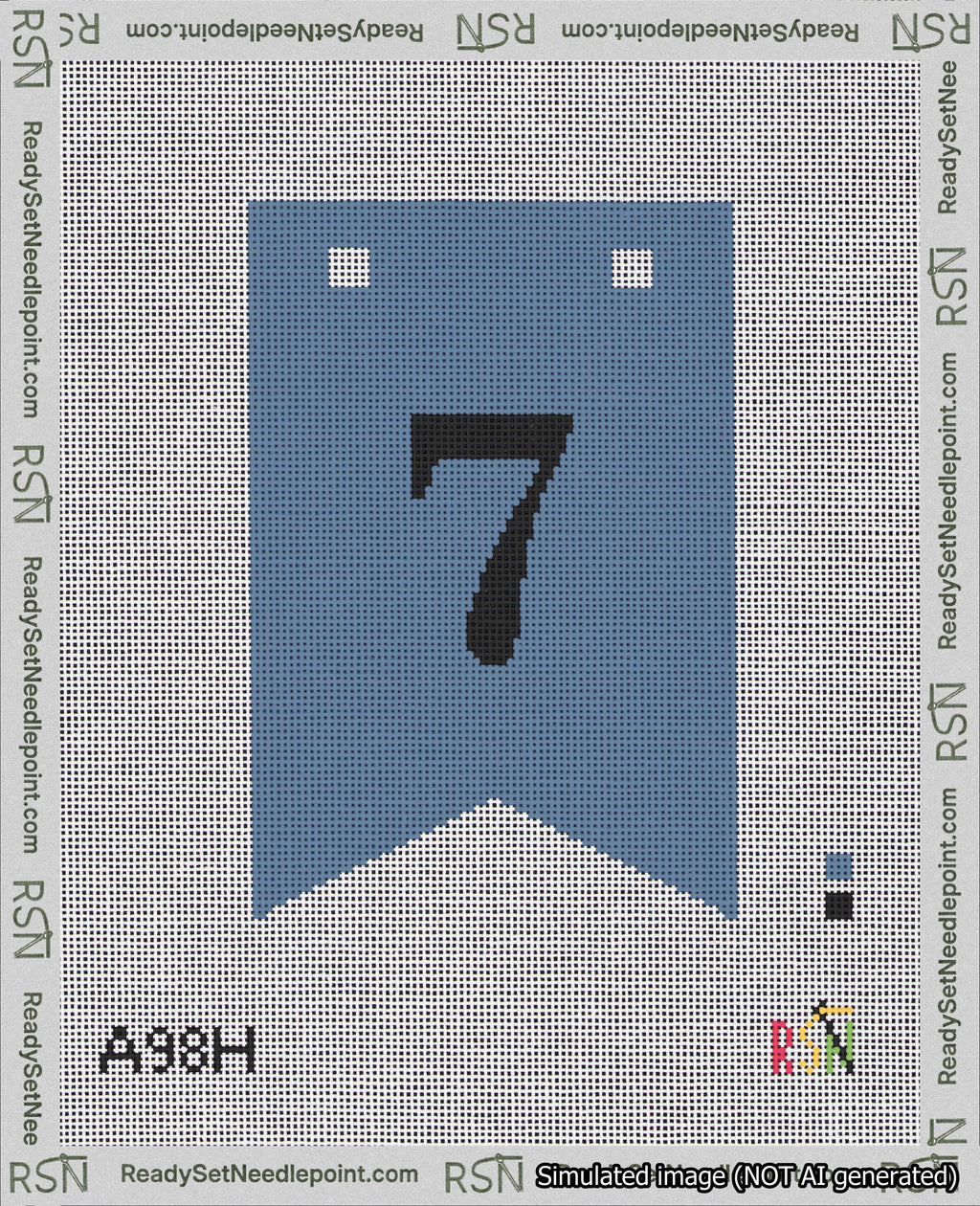 A taped needlepoint canvas with the design: Banner 18 mesh count Forked 7 Black on Blue.
