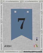 A taped needlepoint canvas with the design: Banner 18 mesh count Forked 7 Black on Blue.