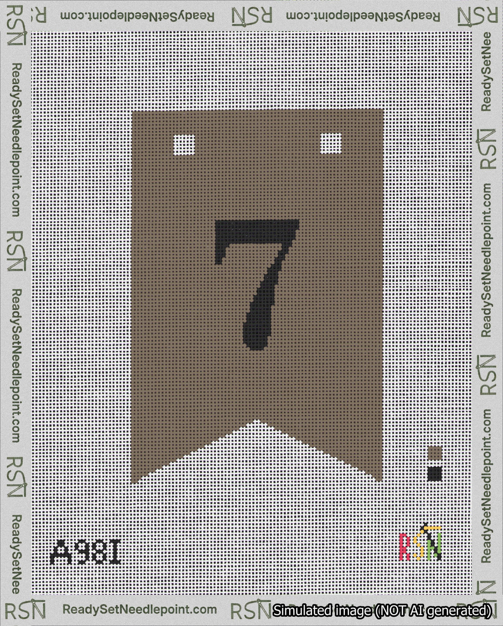 A taped needlepoint canvas with the design: Banner 18 mesh count Forked 7 Black on Brown.