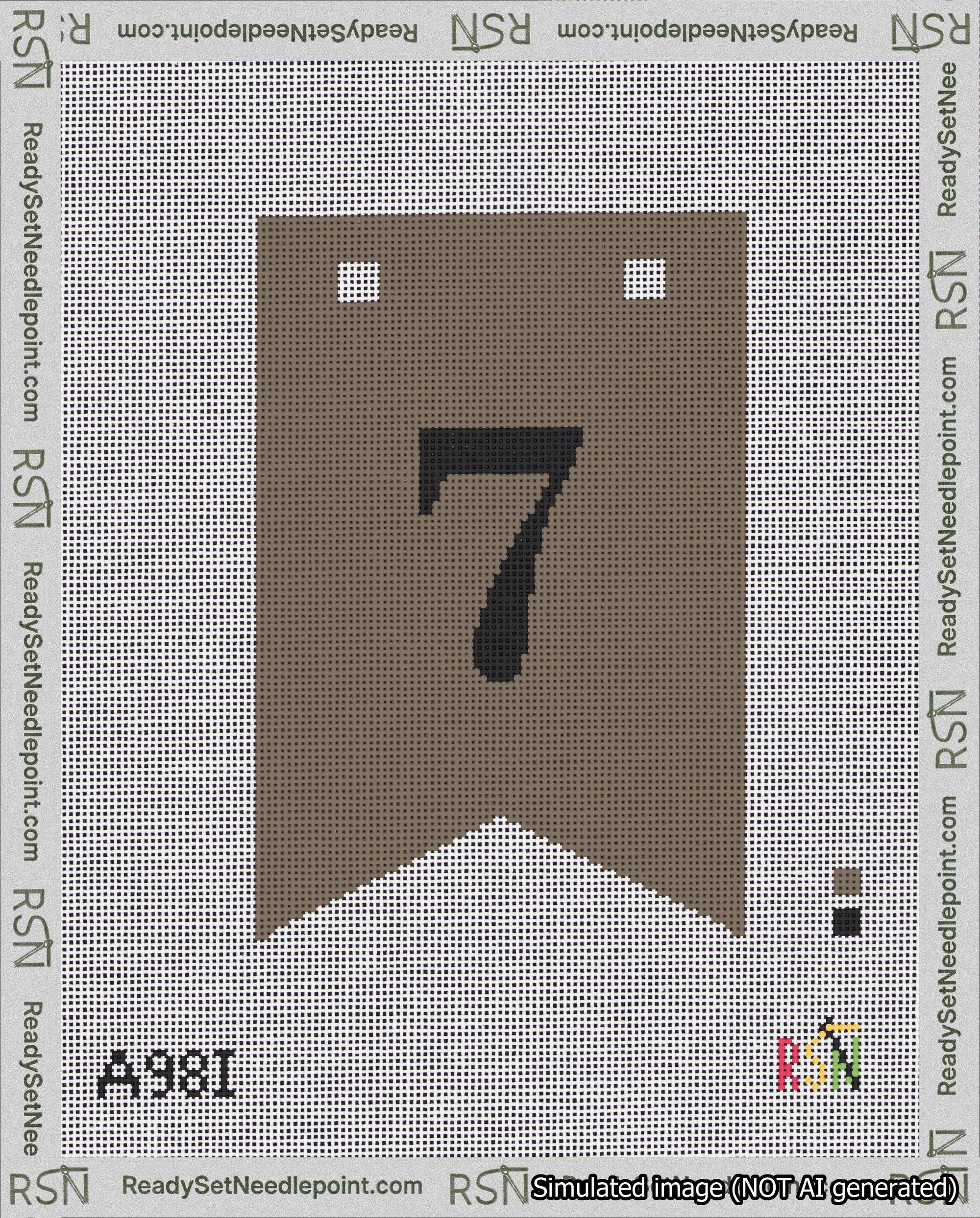 A taped needlepoint canvas with the design: Banner 18 mesh count Forked 7 Black on Brown.