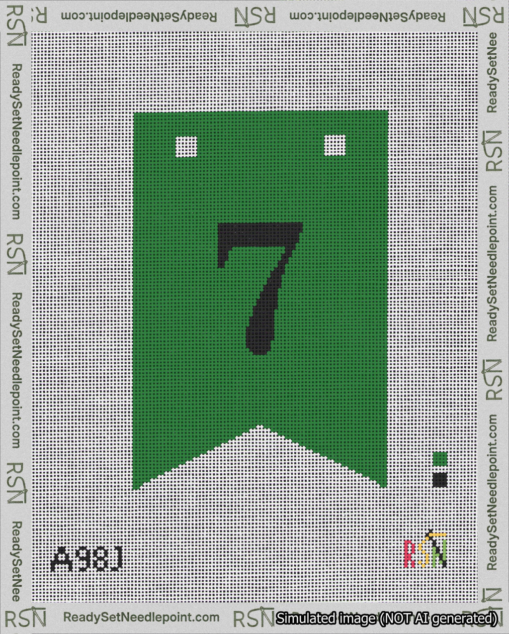 A taped needlepoint canvas with the design: Banner 18 mesh count Forked 7 Black on Green.