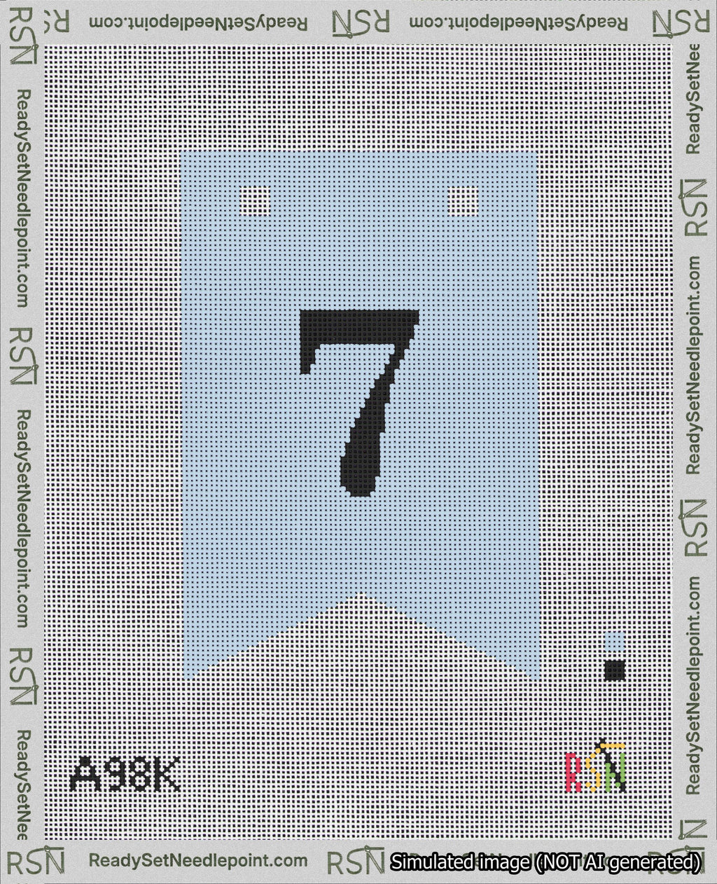 A taped needlepoint canvas with the design: Banner 18 mesh count Forked 7 Black on Light Blue.