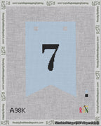 A taped needlepoint canvas with the design: Banner 18 mesh count Forked 7 Black on Light Blue.