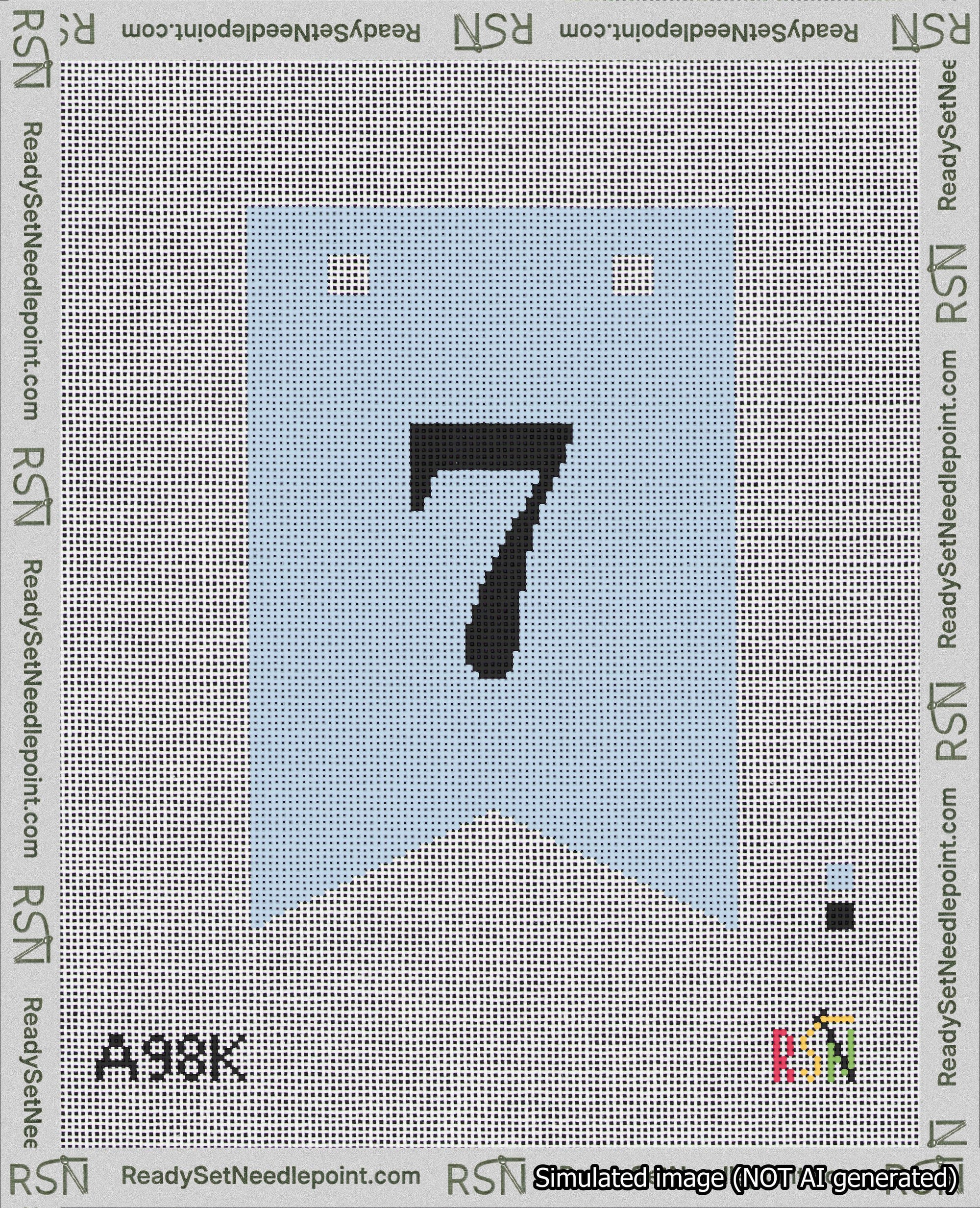 A taped needlepoint canvas with the design: Banner 18 mesh count Forked 7 Black on Light Blue.