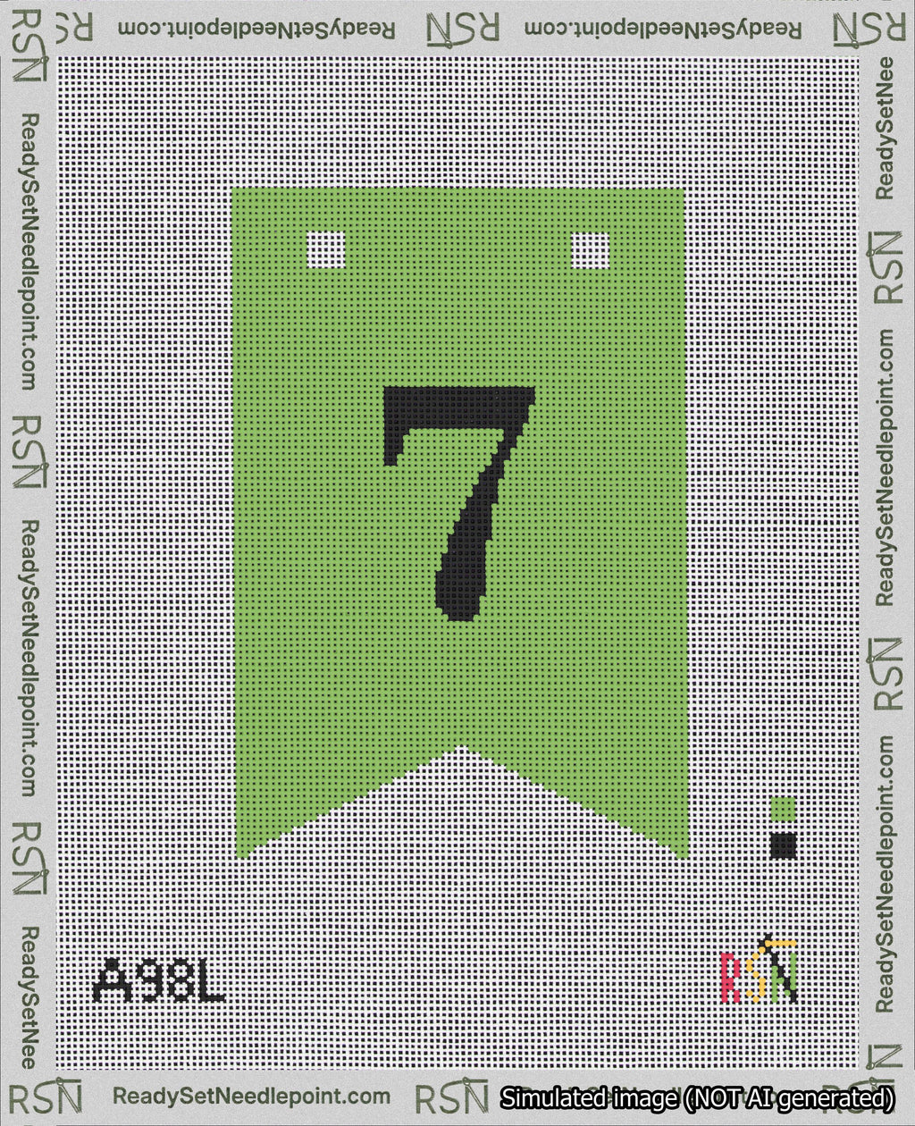 A taped needlepoint canvas with the design: Banner 18 mesh count Forked 7 Black on Light Green.