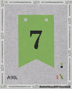 A taped needlepoint canvas with the design: Banner 18 mesh count Forked 7 Black on Light Green.