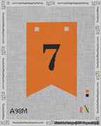 A taped needlepoint canvas with the design: Banner 18 mesh count Forked 7 Black on Orange.
