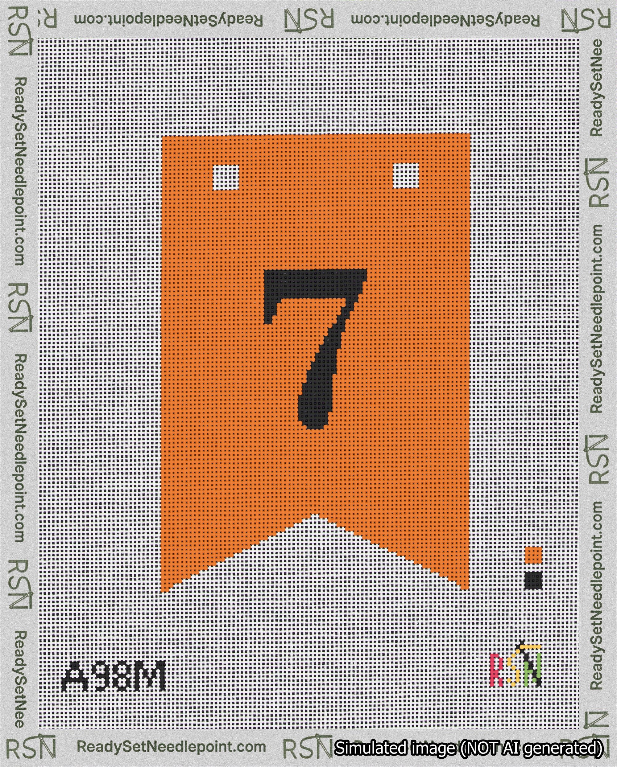 A taped needlepoint canvas with the design: Banner 18 mesh count Forked 7 Black on Orange.