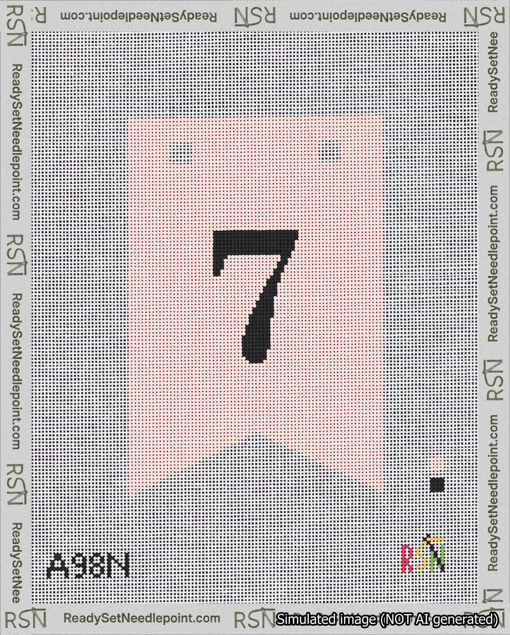 A taped needlepoint canvas with the design: Banner 18 mesh count Forked 7 Black on Pink.
