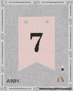 A taped needlepoint canvas with the design: Banner 18 mesh count Forked 7 Black on Pink.