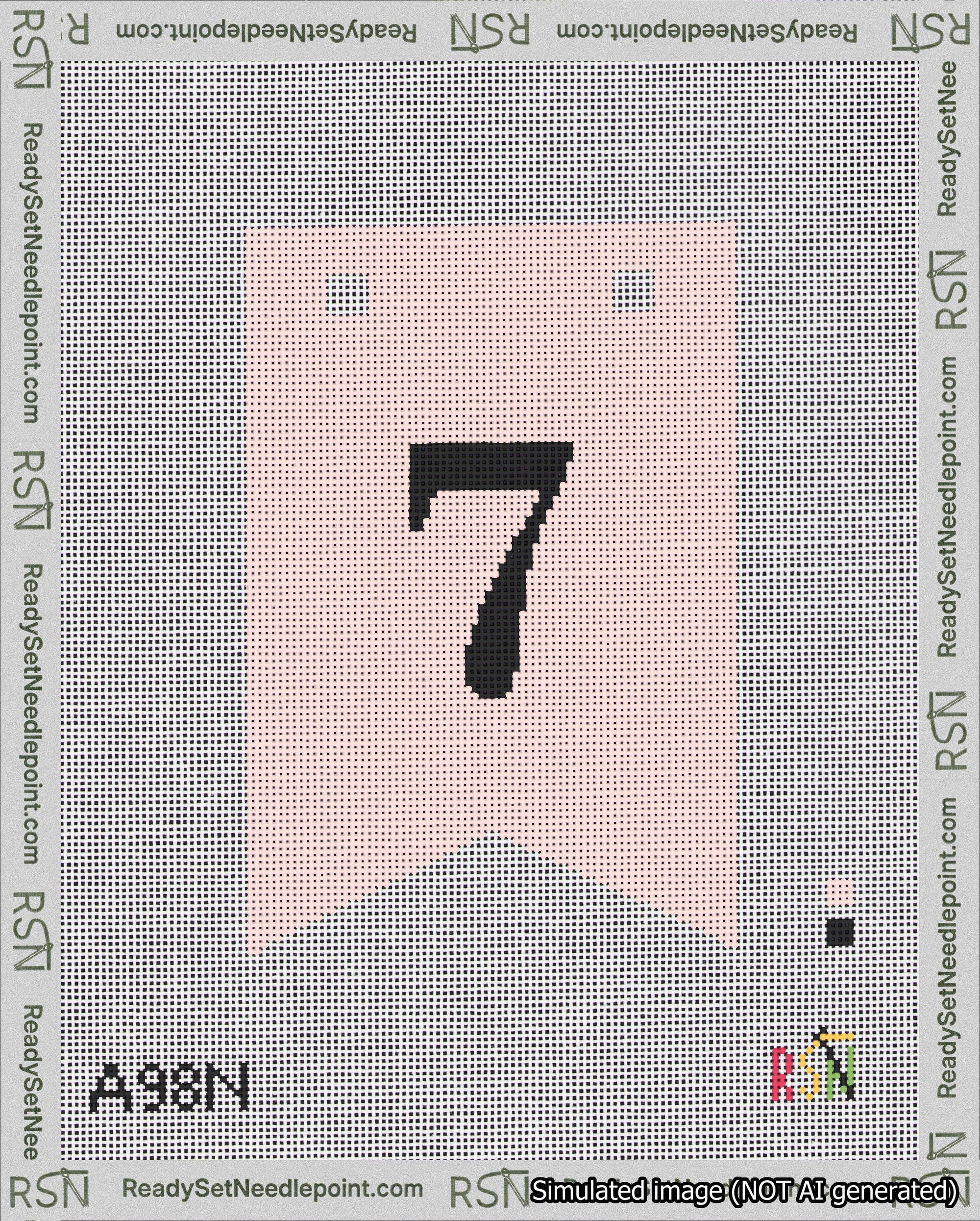 A taped needlepoint canvas with the design: Banner 18 mesh count Forked 7 Black on Pink.