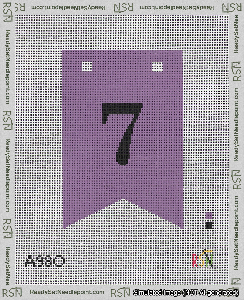 A taped needlepoint canvas with the design: Banner 18 mesh count Forked 7 Black on Purple.