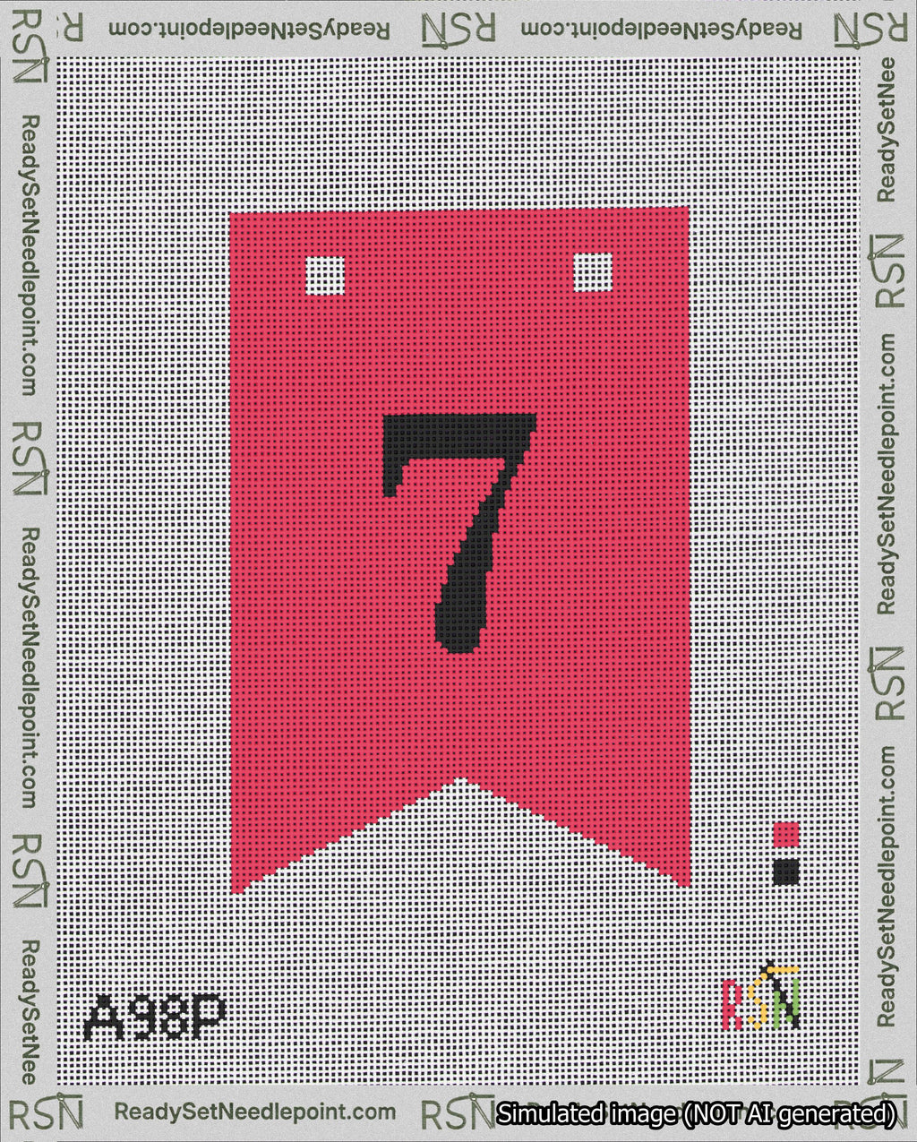 A taped needlepoint canvas with the design: Banner 18 mesh count Forked 7 Black on Red.