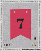 A taped needlepoint canvas with the design: Banner 18 mesh count Forked 7 Black on Red.