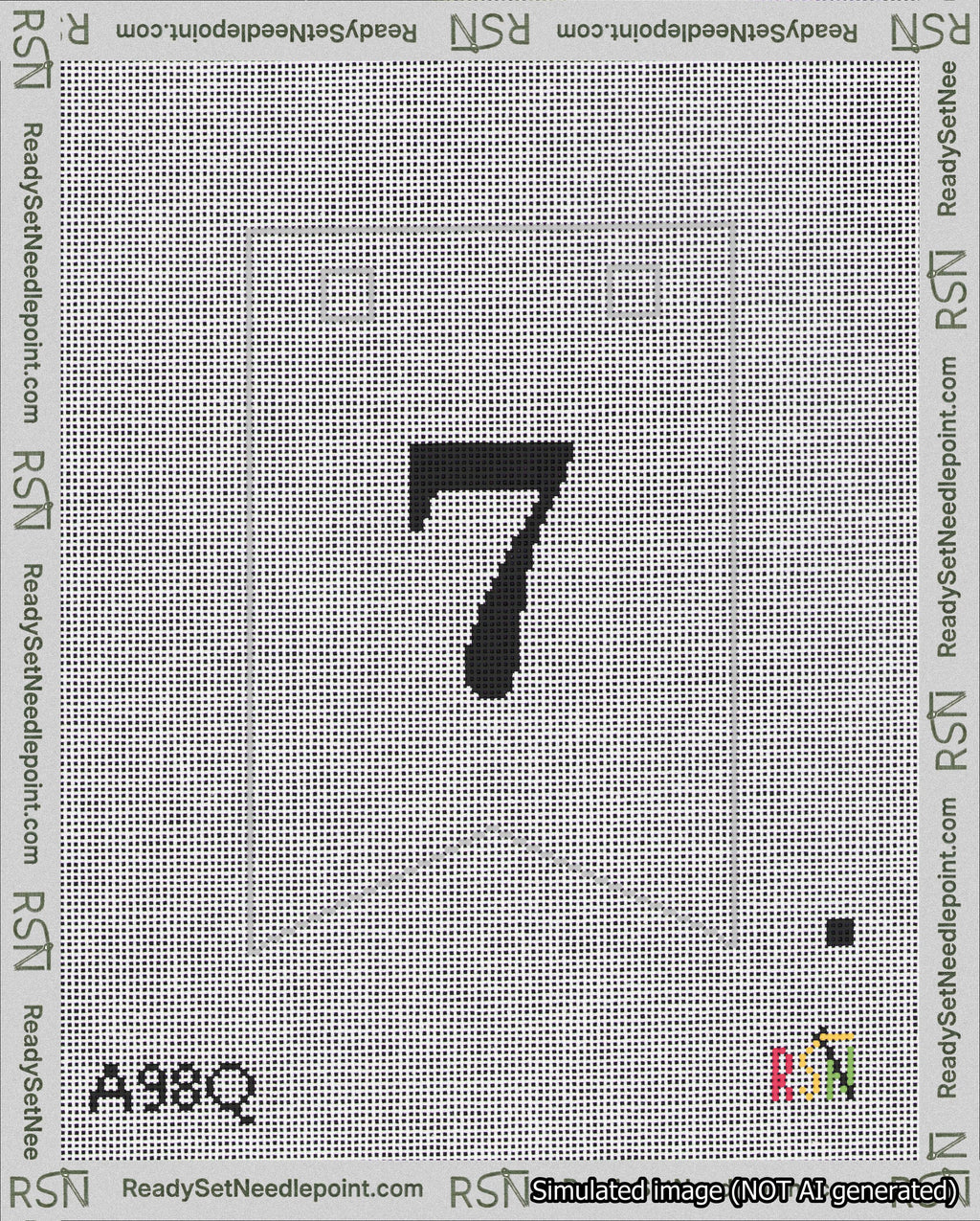 A taped needlepoint canvas with the design: Banner 18 mesh count Forked 7 Black on White.