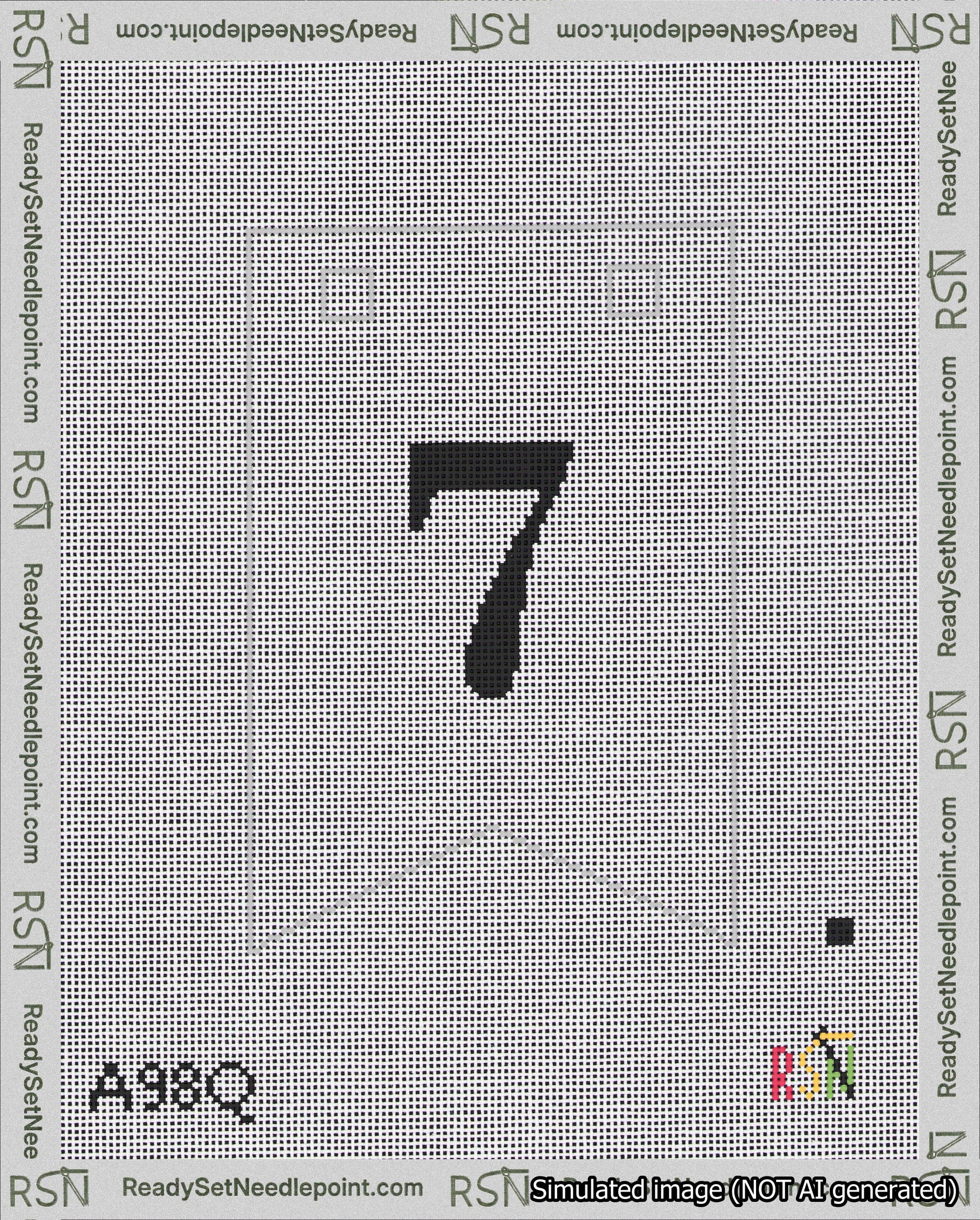 A taped needlepoint canvas with the design: Banner 18 mesh count Forked 7 Black on White.