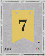 A taped needlepoint canvas with the design: Banner 18 mesh count Forked 7 Black on Yellow.