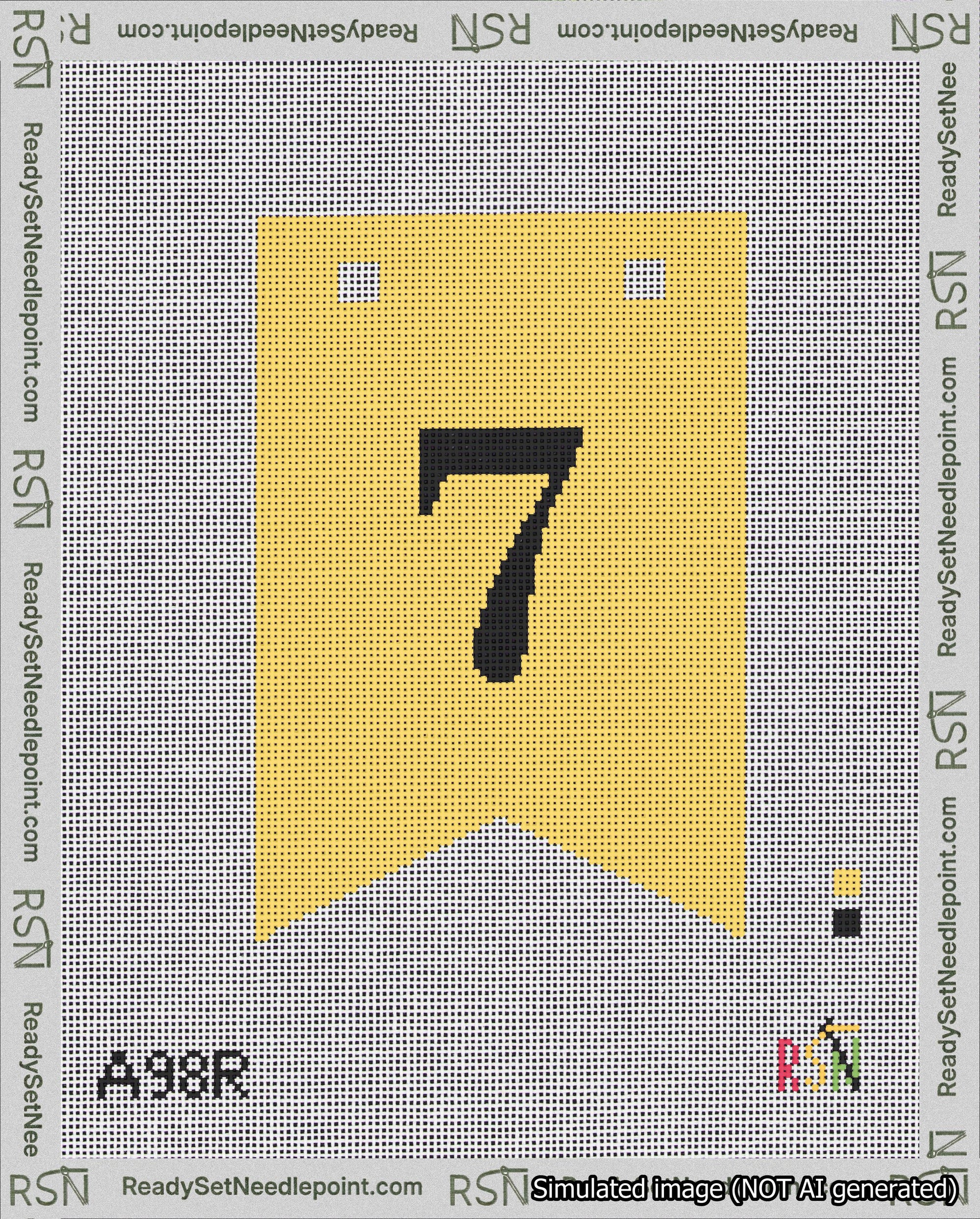 A taped needlepoint canvas with the design: Banner 18 mesh count Forked 7 Black on Yellow.