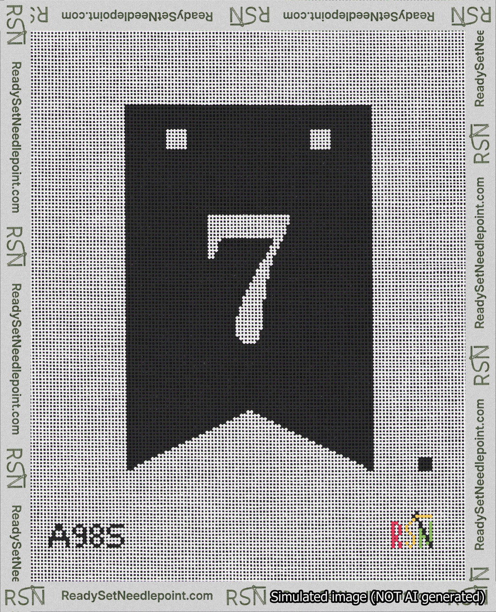 A taped needlepoint canvas with the design: Banner 18 mesh count Forked 7 White on Black.
