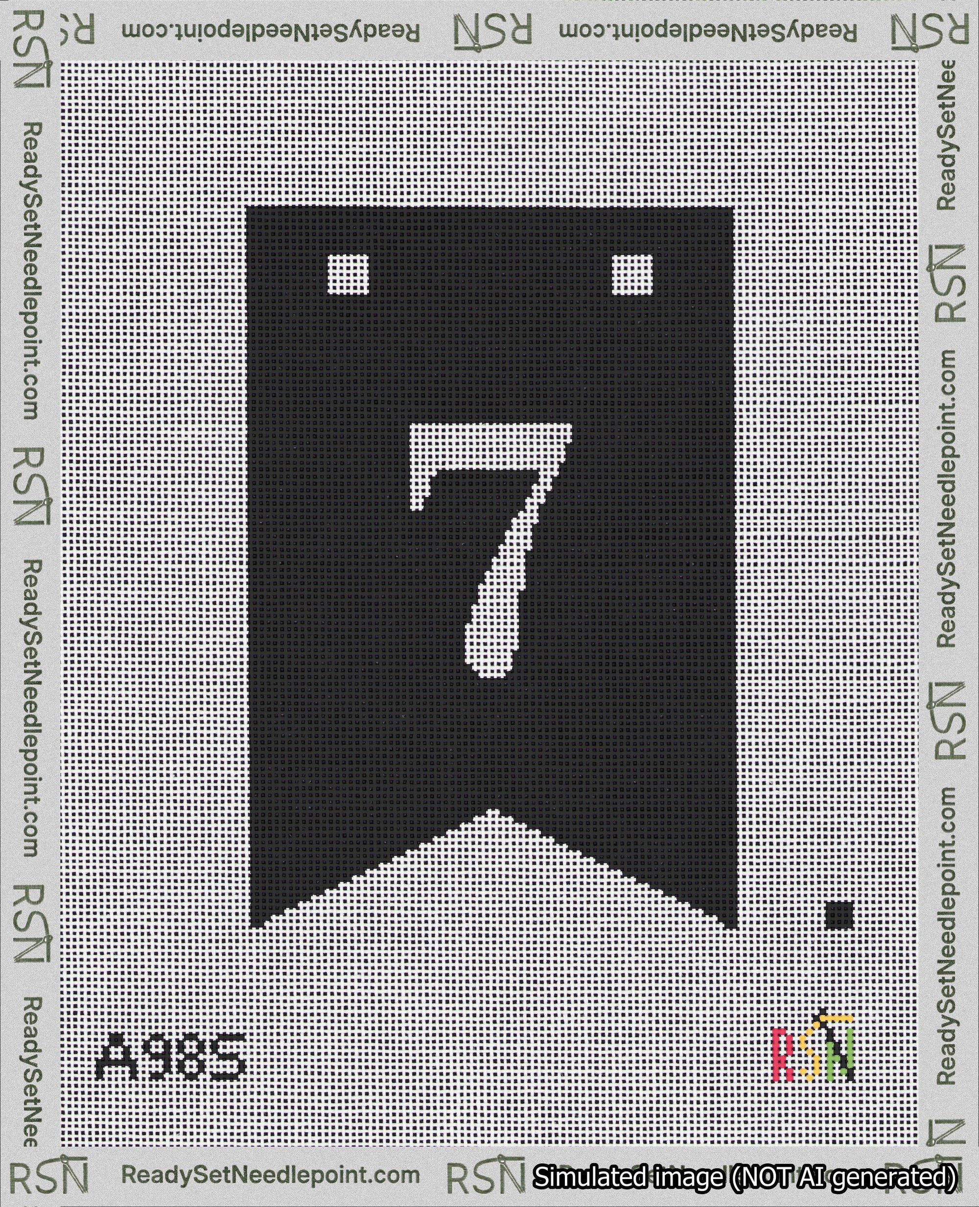 A taped needlepoint canvas with the design: Banner 18 mesh count Forked 7 White on Black.