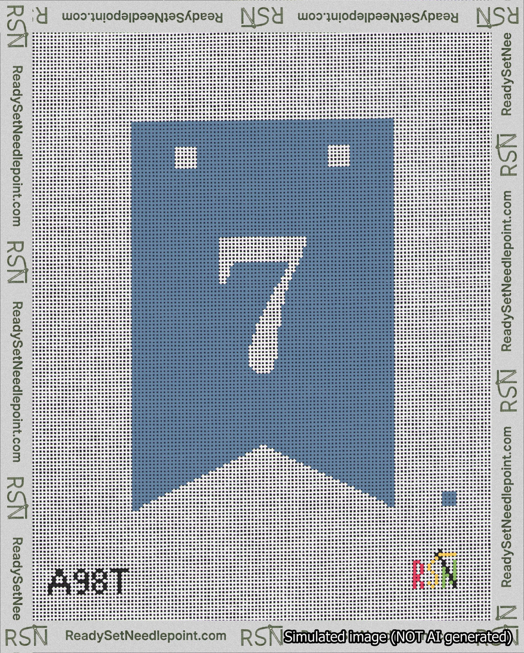 A taped needlepoint canvas with the design: Banner 18 mesh count Forked 7 White on Blue.