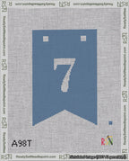 A taped needlepoint canvas with the design: Banner 18 mesh count Forked 7 White on Blue.