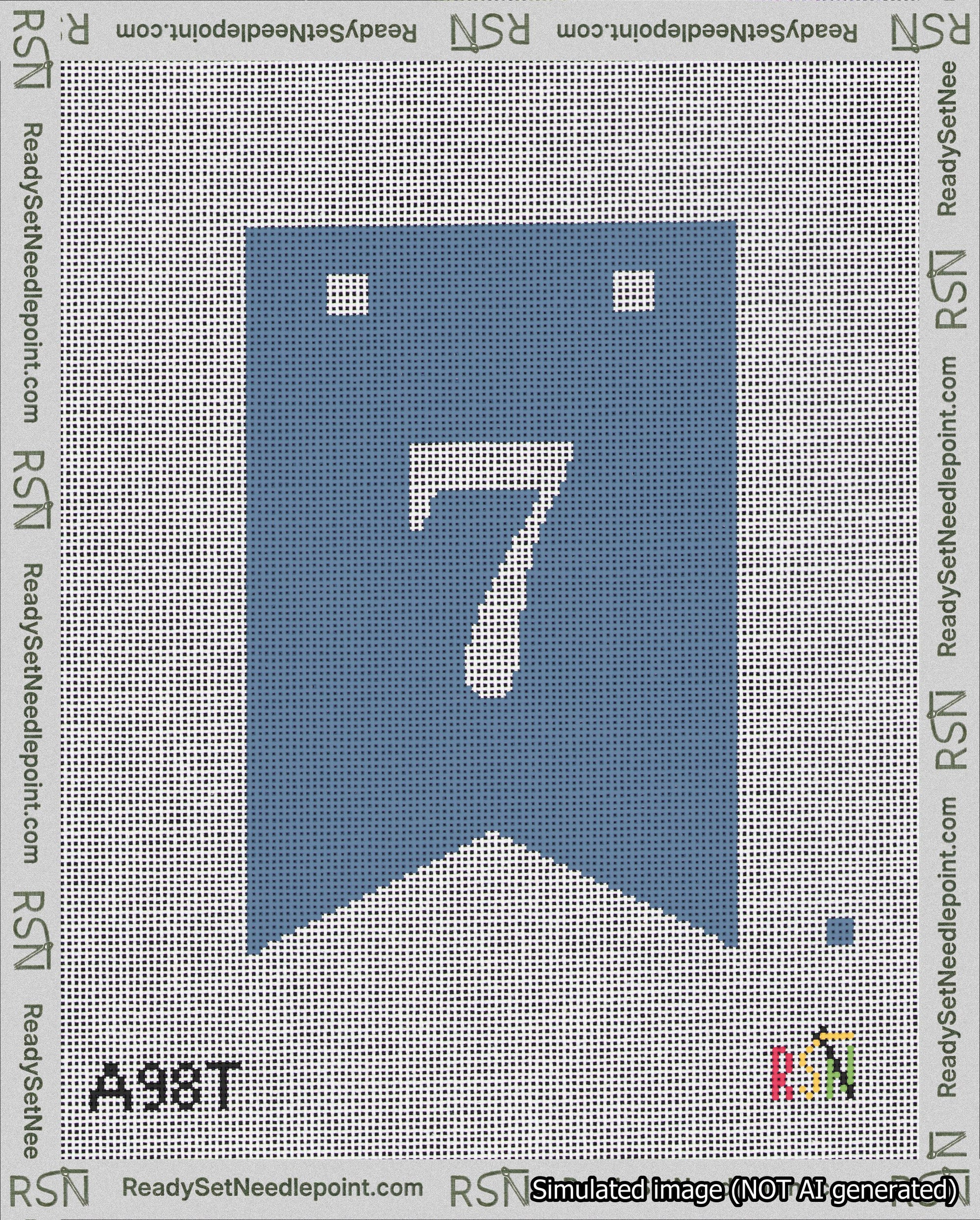 A taped needlepoint canvas with the design: Banner 18 mesh count Forked 7 White on Blue.
