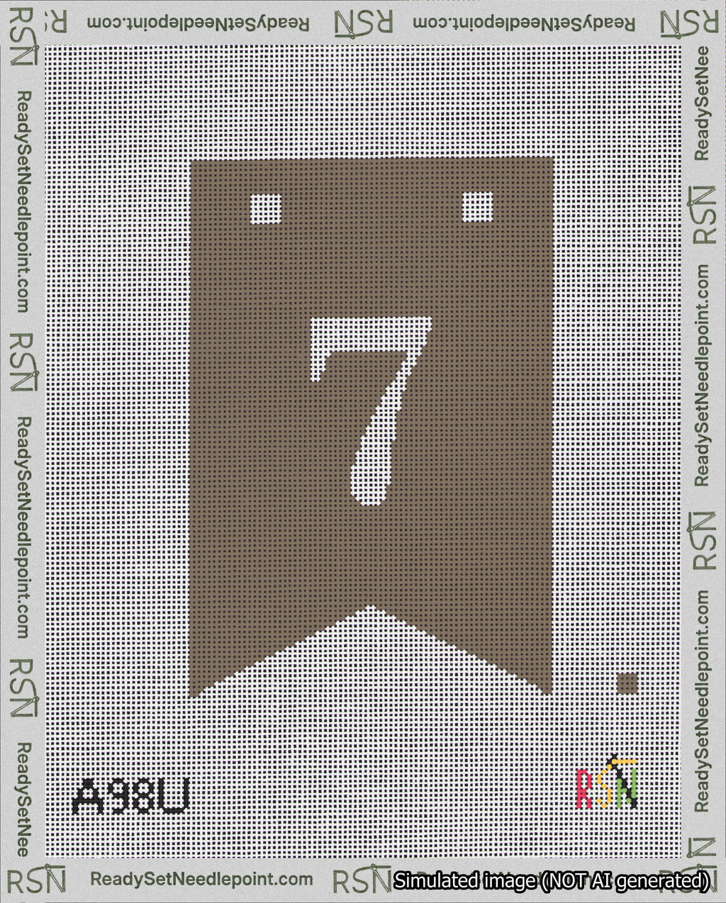 A taped needlepoint canvas with the design: Banner 18 mesh count Forked 7 White on Brown.