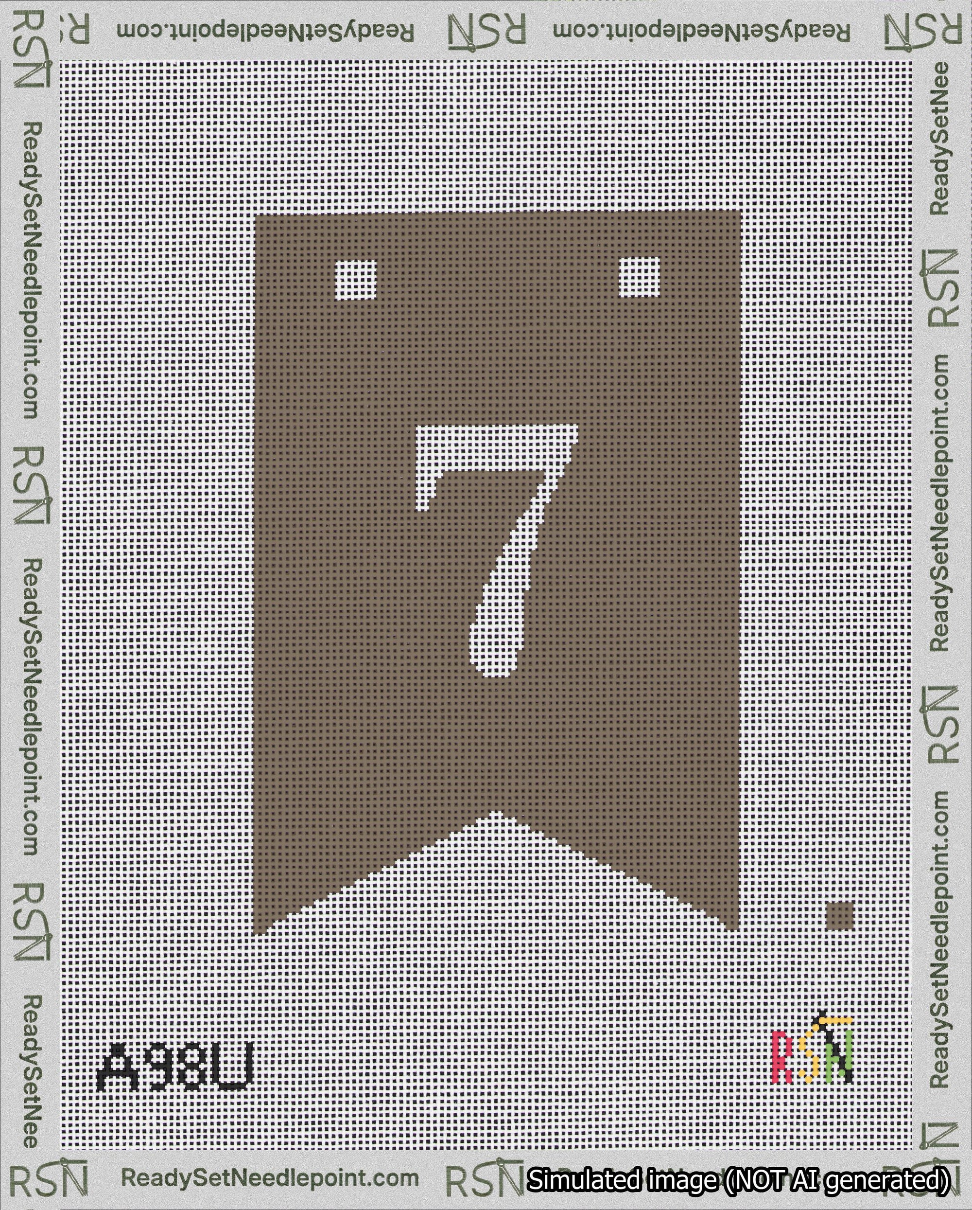 A taped needlepoint canvas with the design: Banner 18 mesh count Forked 7 White on Brown.