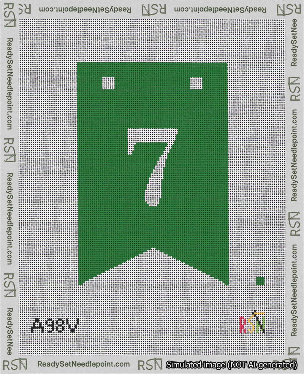 A taped needlepoint canvas with the design: Banner 18 mesh count Forked 7 White on Green.