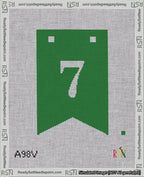 A taped needlepoint canvas with the design: Banner 18 mesh count Forked 7 White on Green.