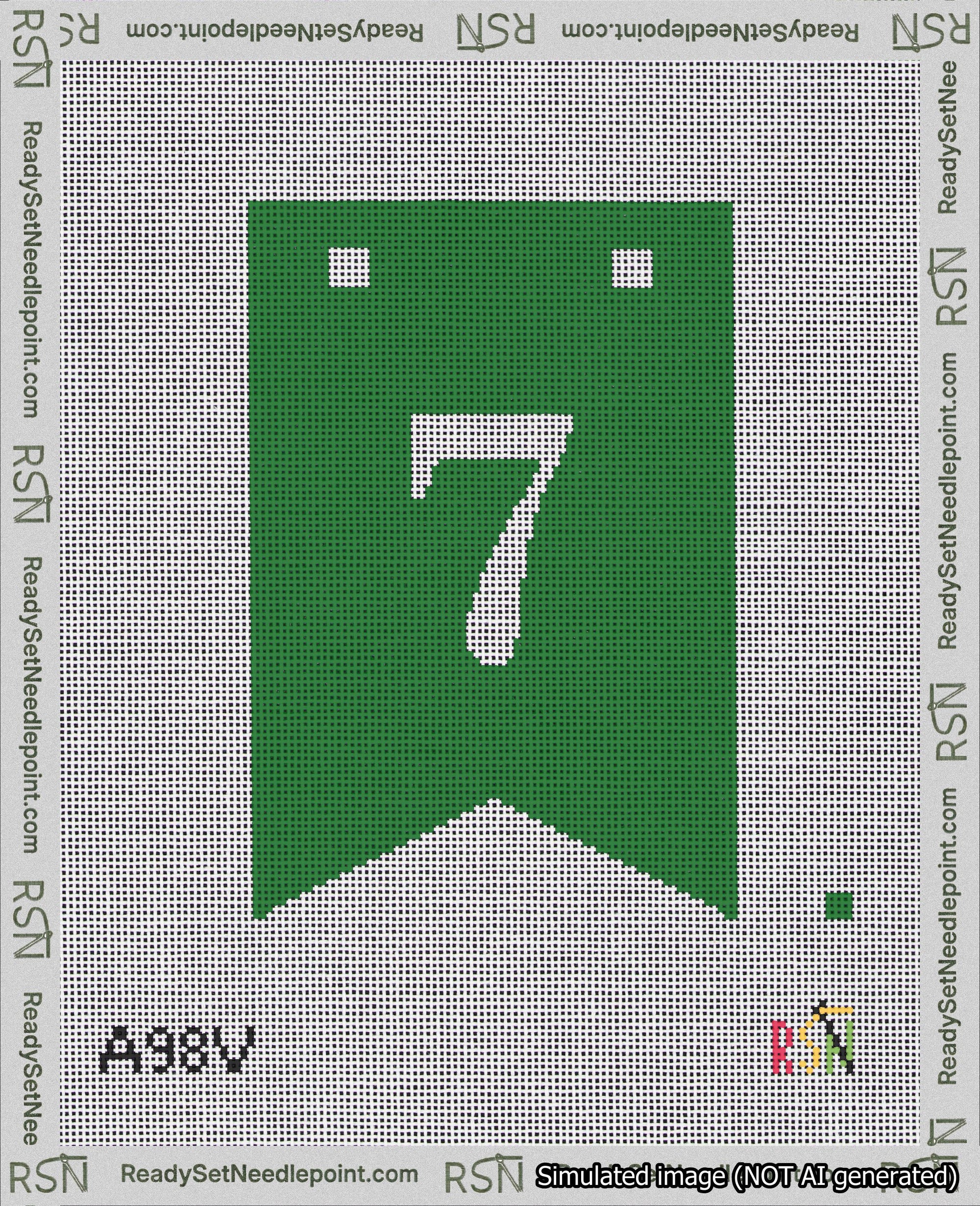 A taped needlepoint canvas with the design: Banner 18 mesh count Forked 7 White on Green.