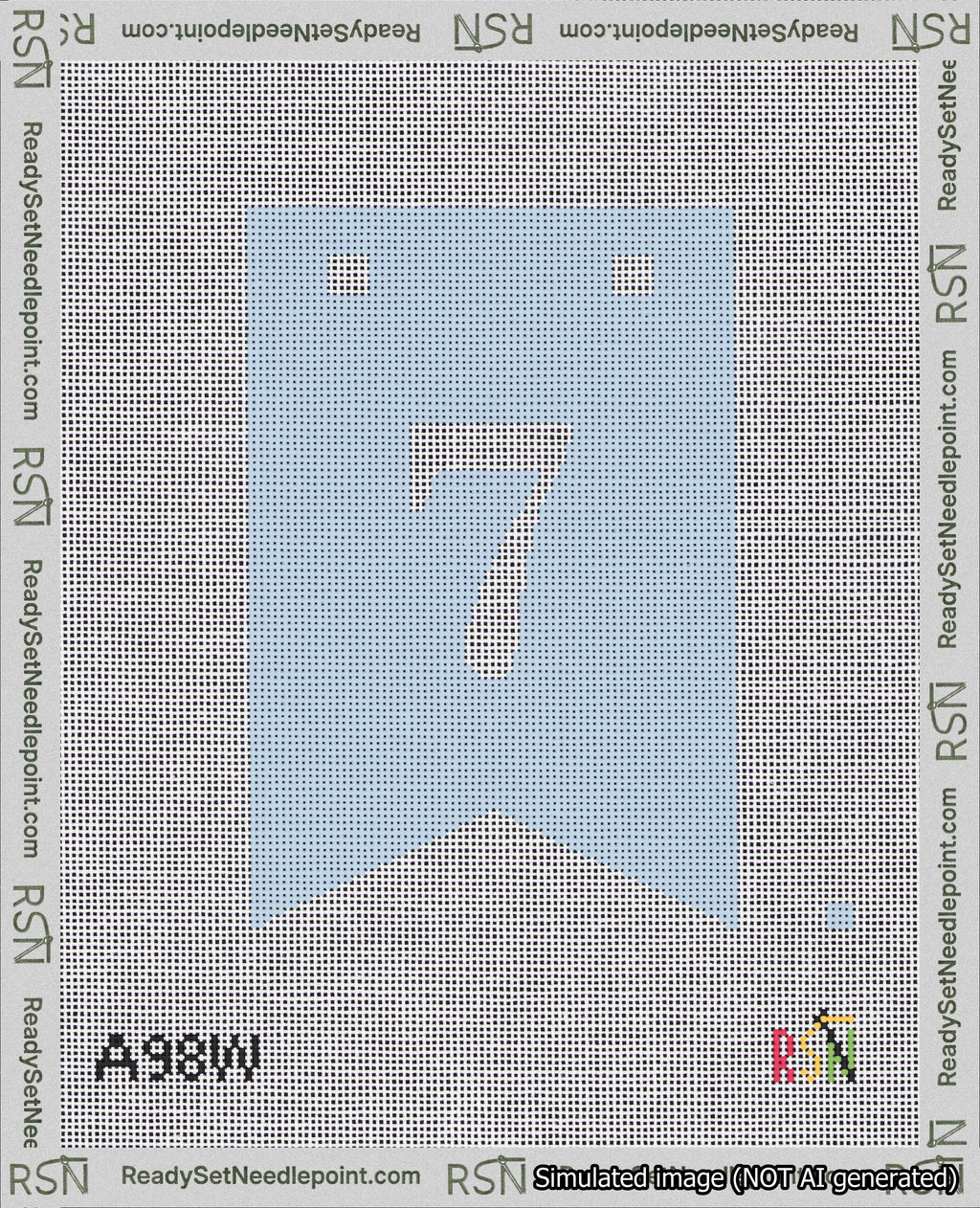 A taped needlepoint canvas with the design: Banner 18 mesh count Forked 7 White on Light Blue.