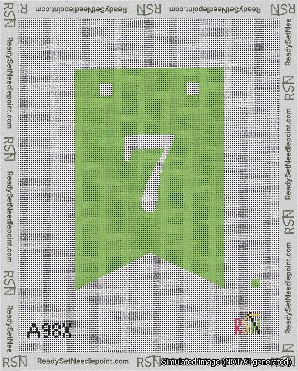 A taped needlepoint canvas with the design: Banner 18 mesh count Forked 7 White on Light Green.