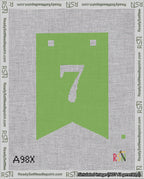A taped needlepoint canvas with the design: Banner 18 mesh count Forked 7 White on Light Green.